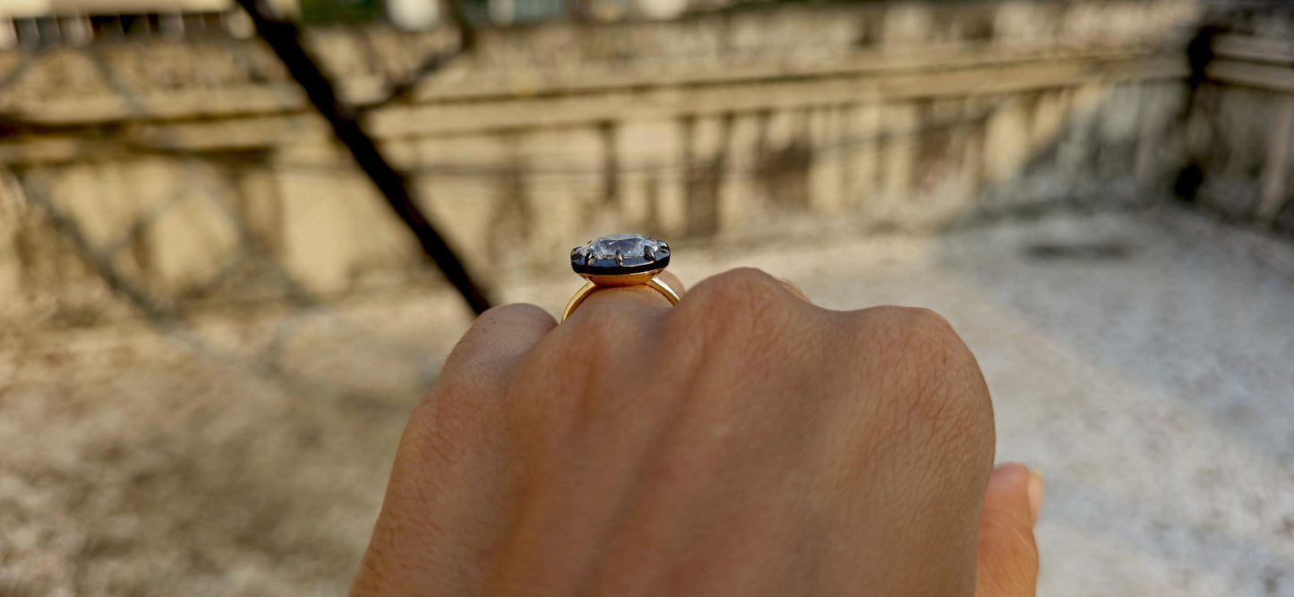 East west set Old mine cut Oval Lab grown Button Back Georgian Cut Down Set ring, blackened gold ring ring for women, Ring for her.