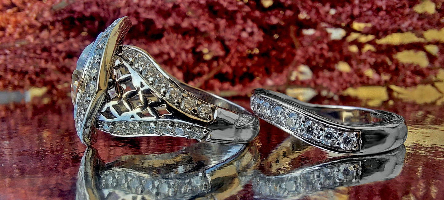 Kite set Cushion Cut Halo Moissanite ring with\without matching band, with side pave lattice band, Cathedral set engagement ring