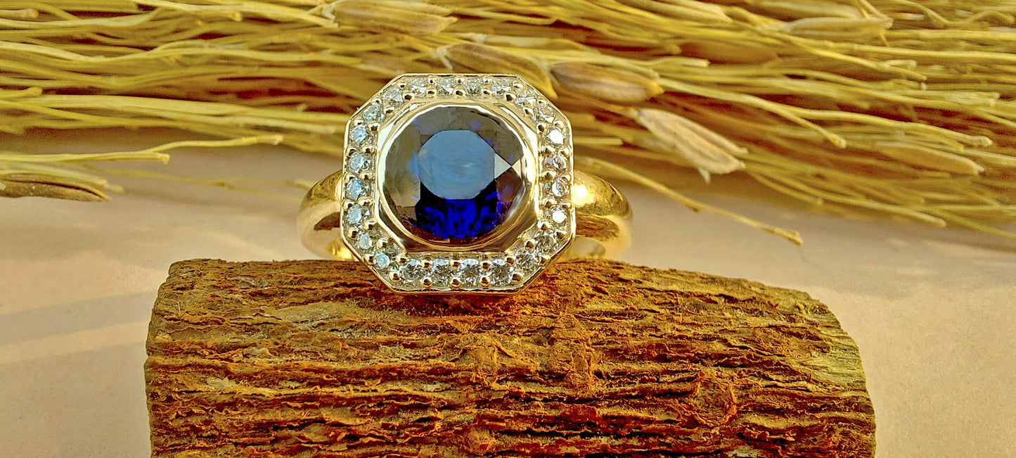 Lab Blue Sapphire with Moissanite Halo Engagement Ring, Proposal Ring, Ring for Mother, Anniversary Gift for wife