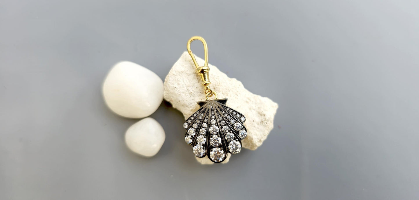 Sea shell charm Moissanite blackened gold Georgian Pendant with dog clip swivel clasp without chain, Circa Vintage Pendant.