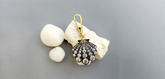 Sea shell charm Moissanite blackened gold Georgian Pendant with dog clip swivel clasp without chain, Circa Vintage Pendant.