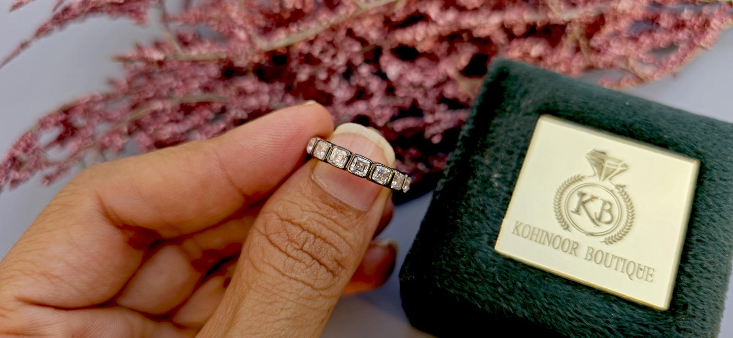 Asscher Cut Lab grown diamond Wedding band in blackened gold, Full\Half Eternity Ring, Stackable Ring, Georgian antique eternity ring