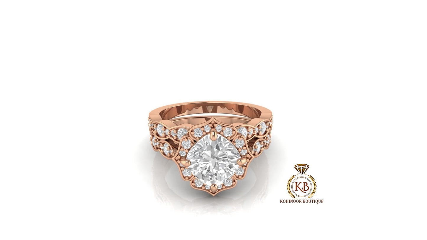 Vintage Floral Kite Set Cushion Cut Halo Moissanite Cathedral set with side pave Engagement Ring with scalloped Bridal Wedding band set.