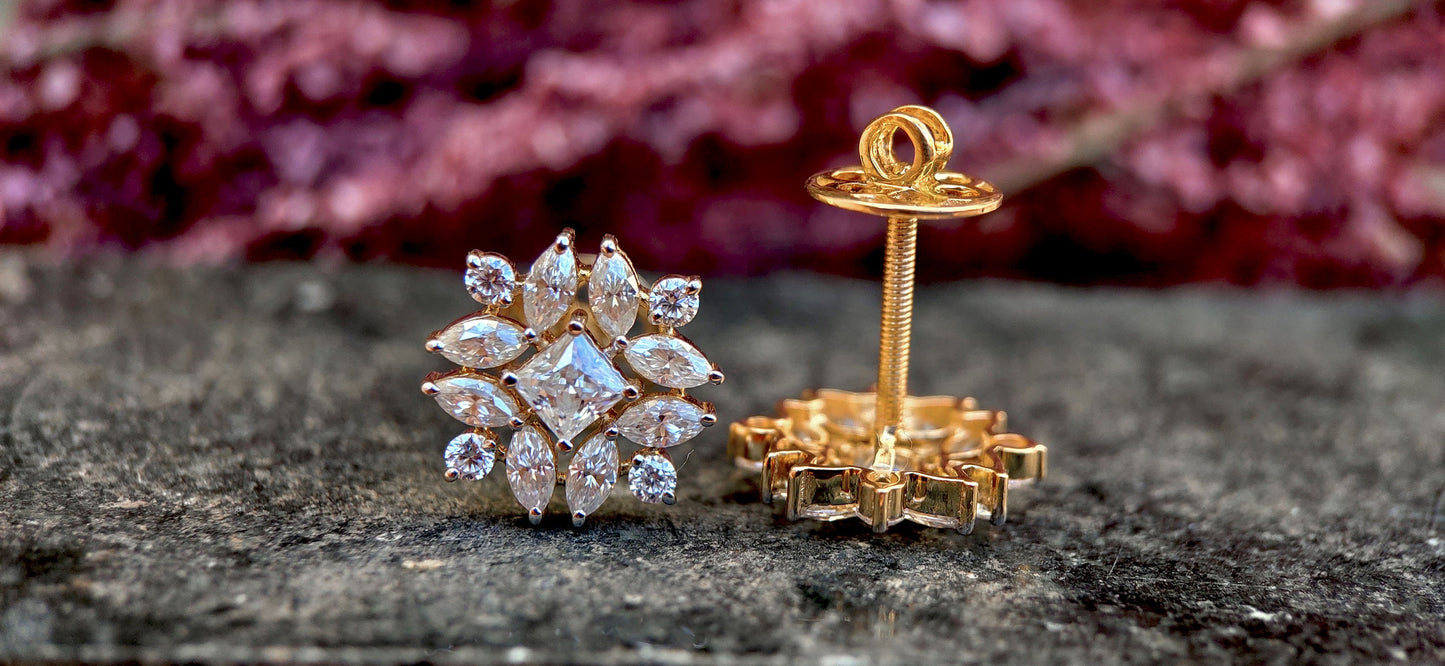 Marquise, Princess and Round Moissanite cluster studs, Statement earrings for her, Earrings studs for women, Party wear Wedding Earrings