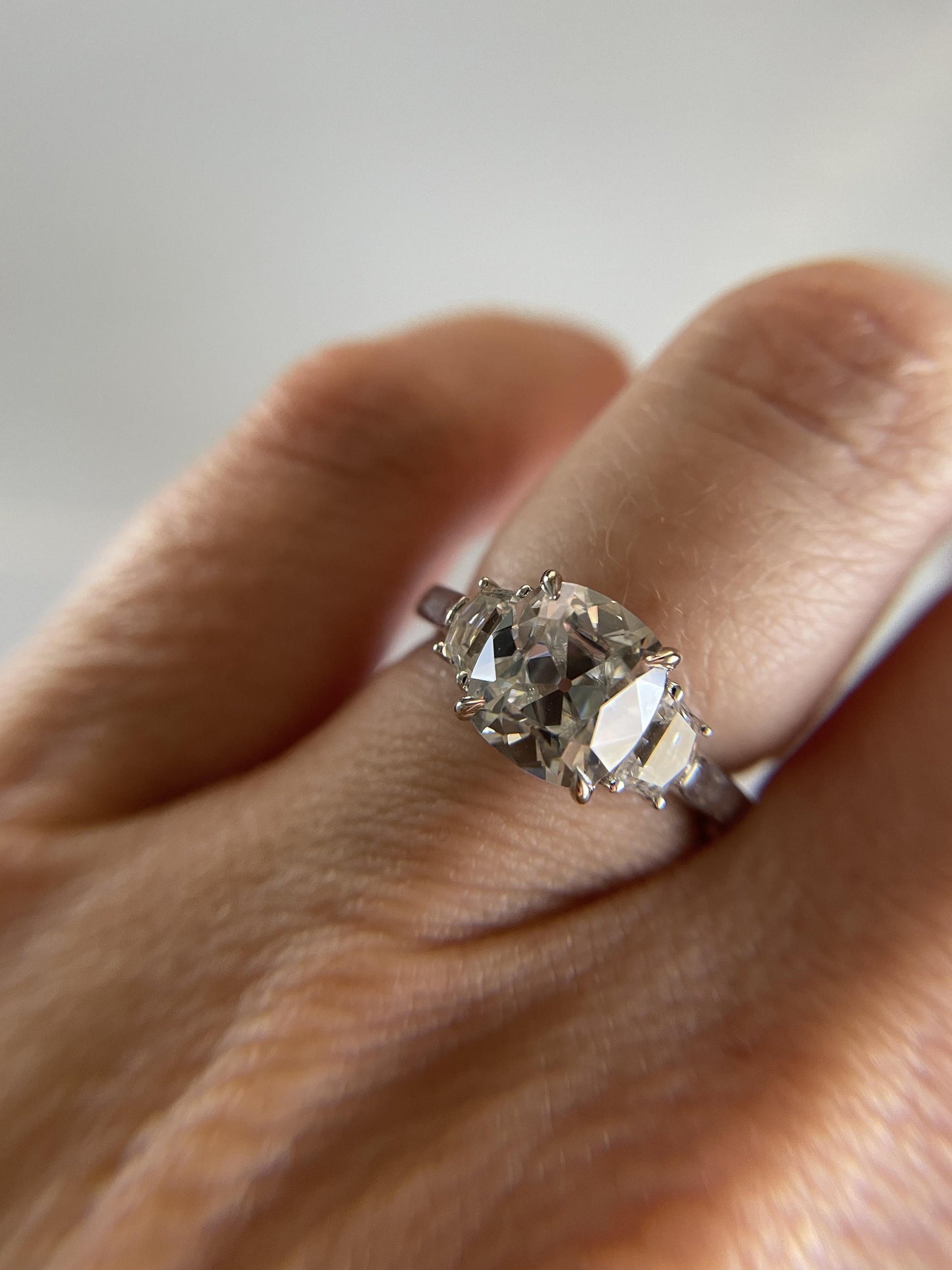 Old mine cut OMC Cushion and Cadillac cut 3 stone Moissanite Engagement Ring, Wedding anniversary gift for wife