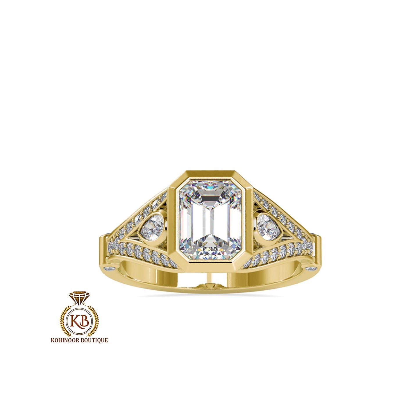 Bezel set Emerald and Pear Cut 3 stone with side pave split shank Moissanite Engagement ring, Ring for women, art deco ring, ring for her.