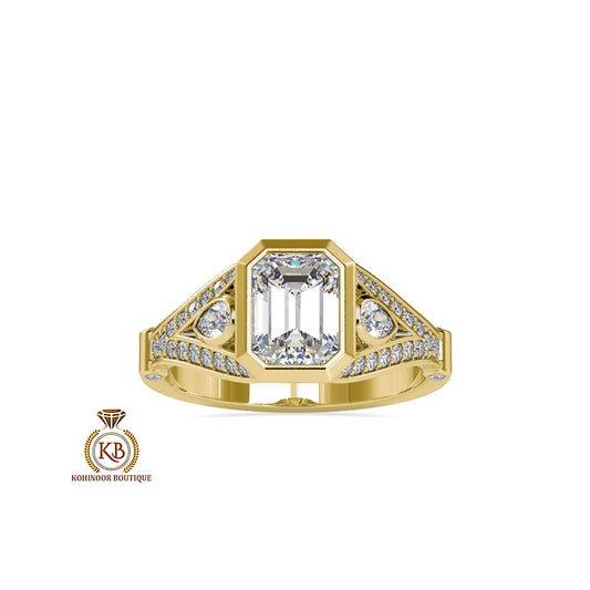 Bezel set Emerald and Pear Cut 3 stone with side pave split shank Moissanite Engagement ring, Ring for women, art deco ring, ring for her.