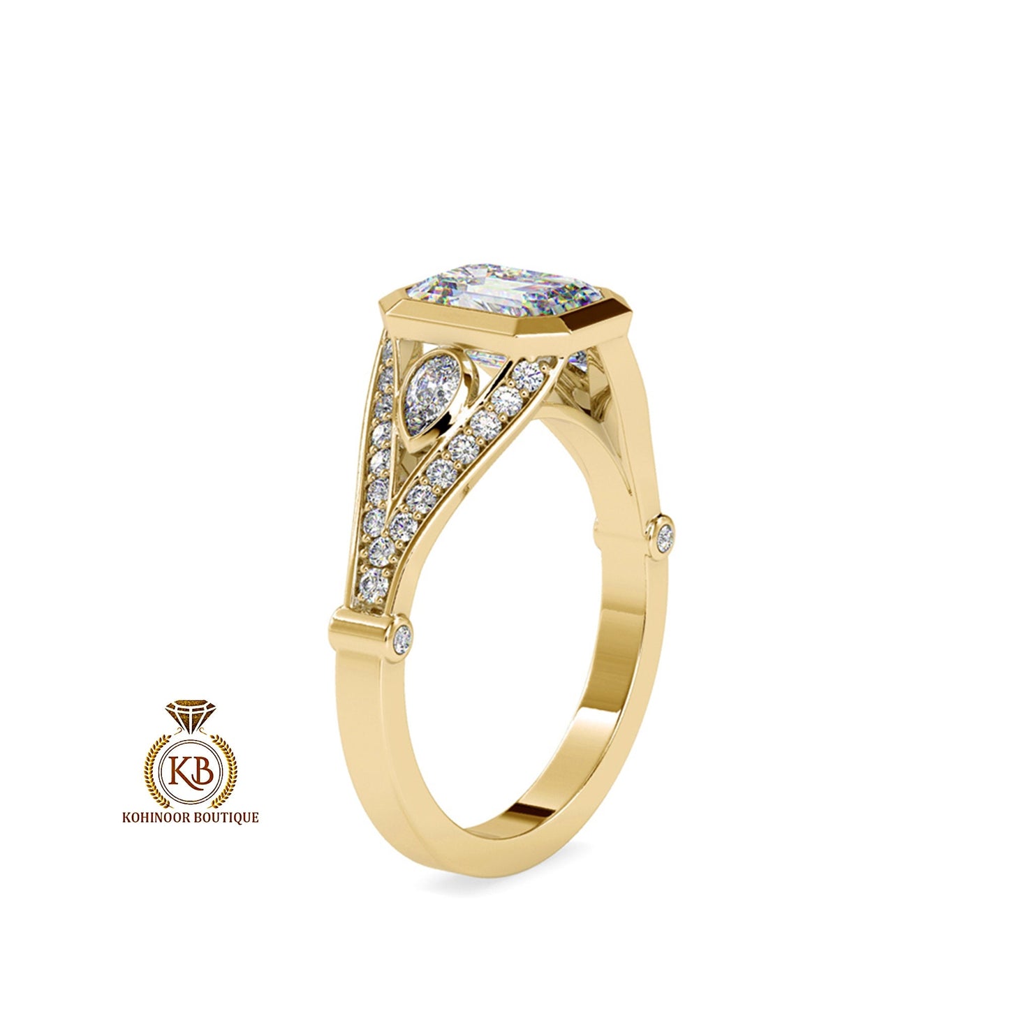 Bezel set Emerald and Pear Cut 3 stone with side pave split shank Moissanite Engagement ring, Ring for women, art deco ring, ring for her.