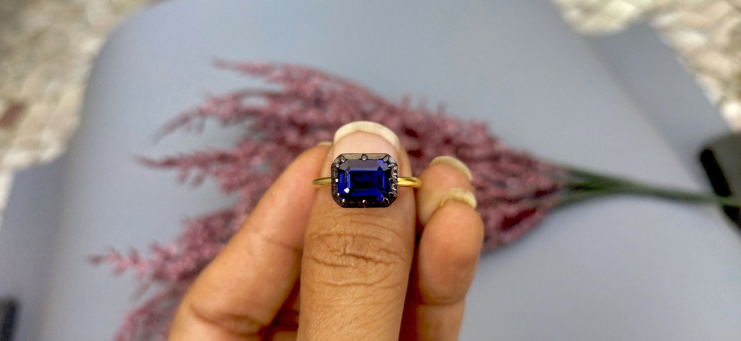East West  set Lab Blue sapphire emerald Cut Georgian cut down button back solitaire engagement ring, ring for her,ring for women