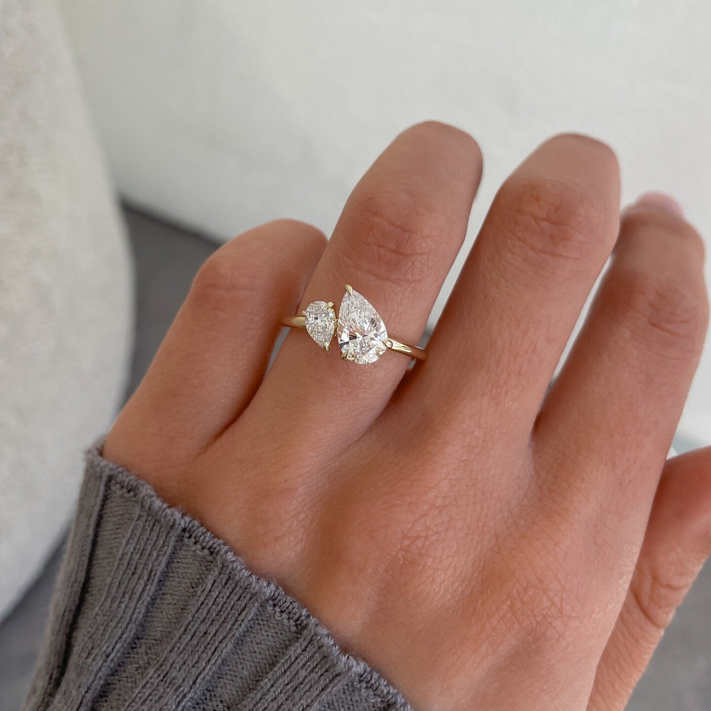 Toi et Moi Big and small Pear Moissanite two stone Engagement ring, Double stone ring, Mother and children ring, forever together