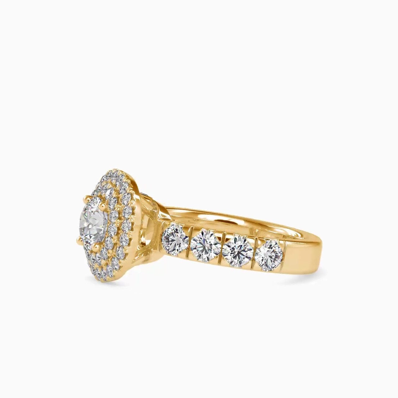 Vintage-inspired double halo Round cut Moissanite ring with french Pave band, cathedral set Engagement ring