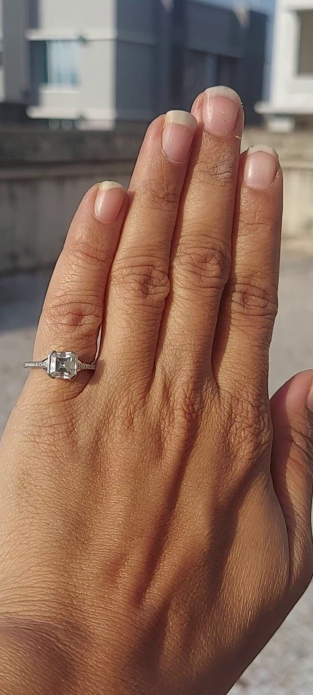 Asscher cut Half Bezel Moissanite Solitaire with side pave Engagement Ring , Promise\proposal Ring with 18k\14k\10k White\Yellow\Rose Gold