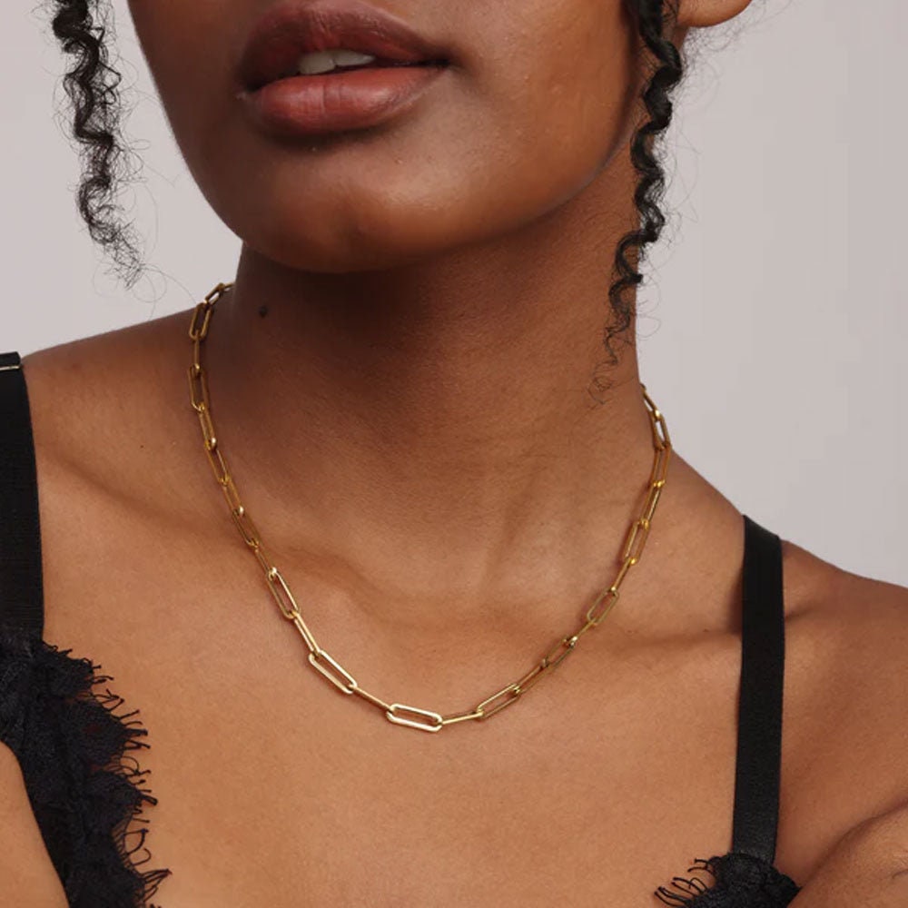 18k Solid Yellow and Rose Gold Paperclip Chain Necklace, Link Chain Necklace, Rectangle Link Necklace, Paperclip Chain 4.00mm, Italian Chain