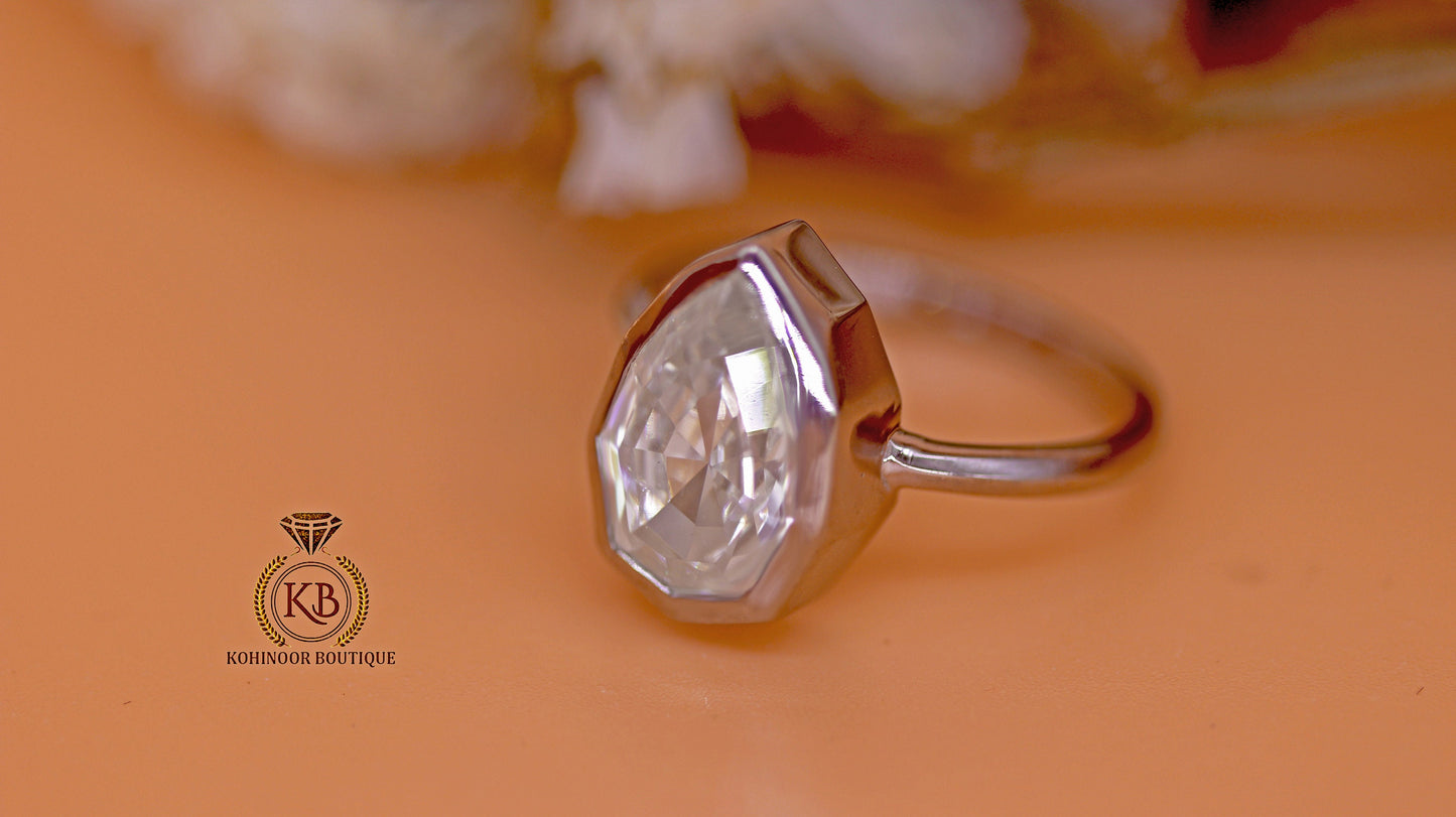 Step Cut Pear Moissanite Bezel Set Solitaire Engagement ring, art deco ring, ring for her, gift for women