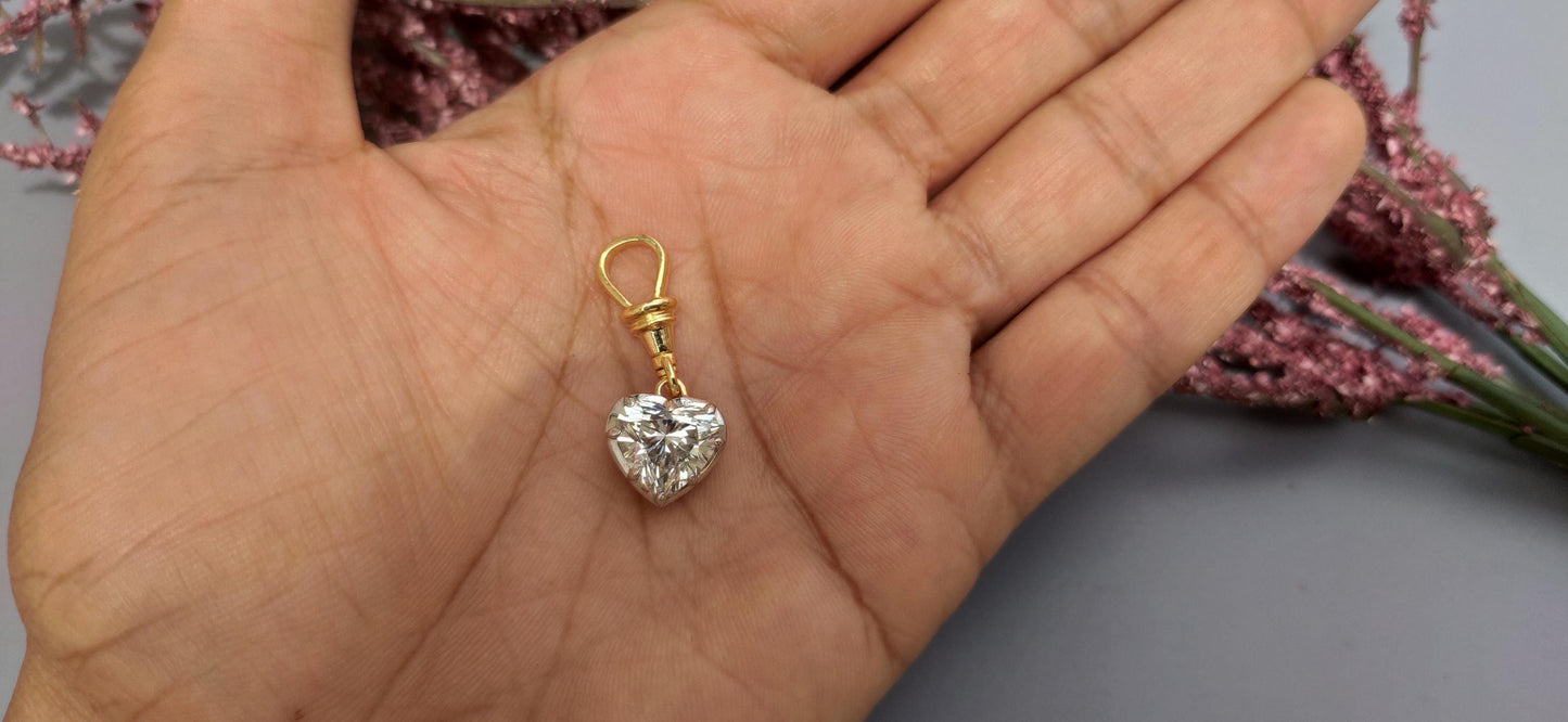 3 Ct Heart Cut Moissanite Collet set Georgian cut down set 2 toned Swivel Clasp Pendant, without chain