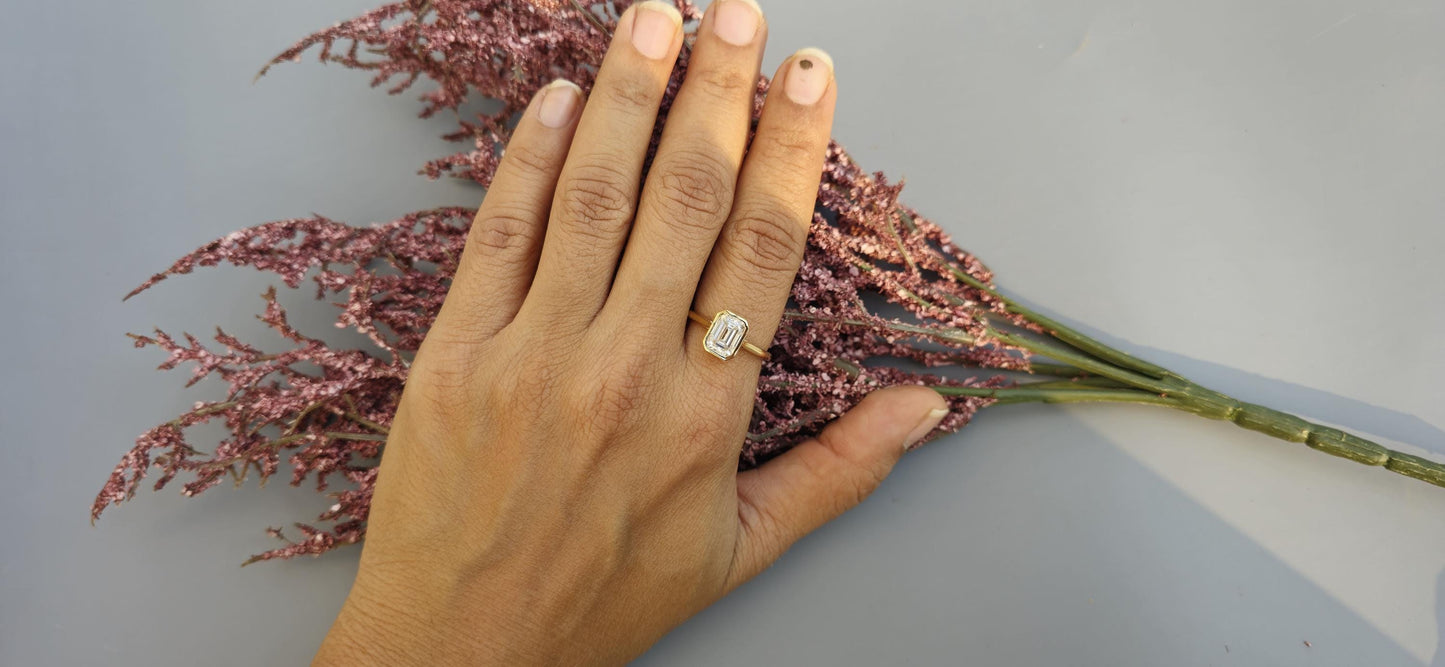 Bezel Set Emerald Moissanite with Tulip basket Solitaire ring, Engagement ring for her, ring for women, proposal ring