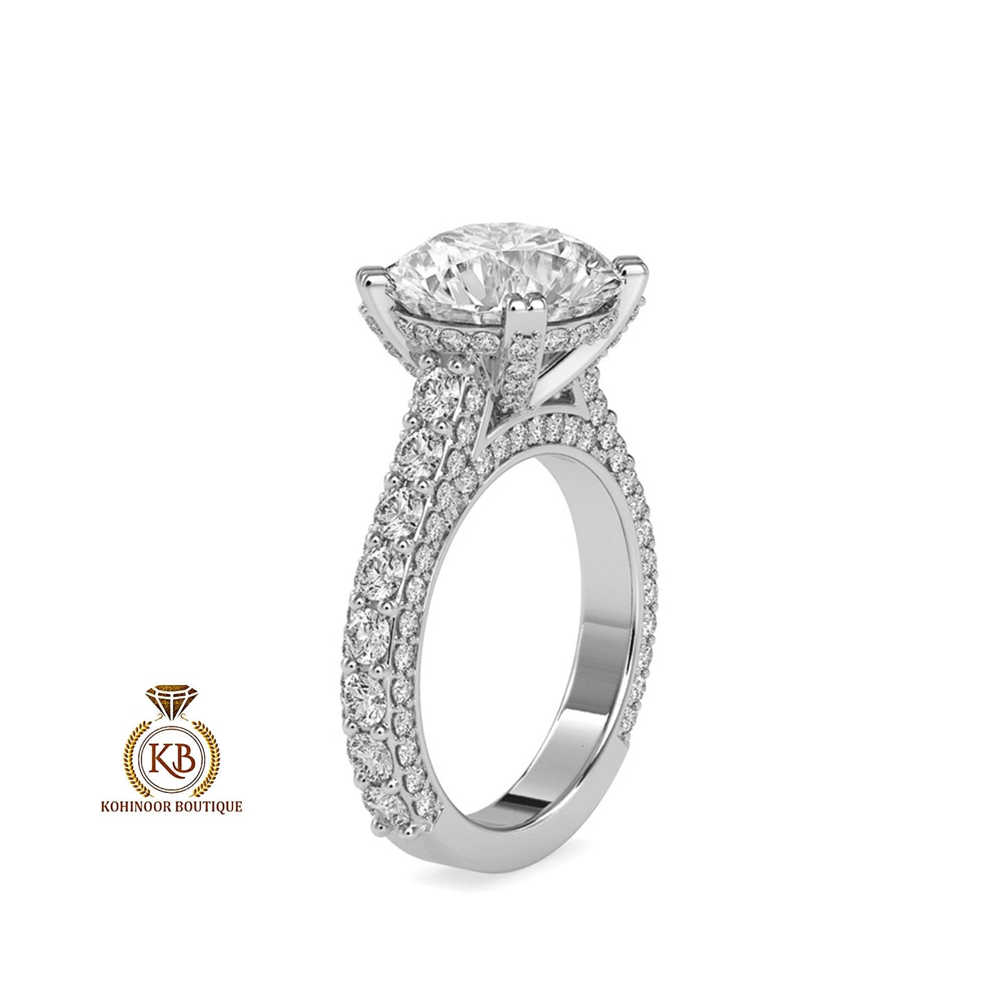 Round Cut Under Halo 3 side pave band Cathedral with pave basket Moissanite Engagement ring, art deco ring, right hand ring