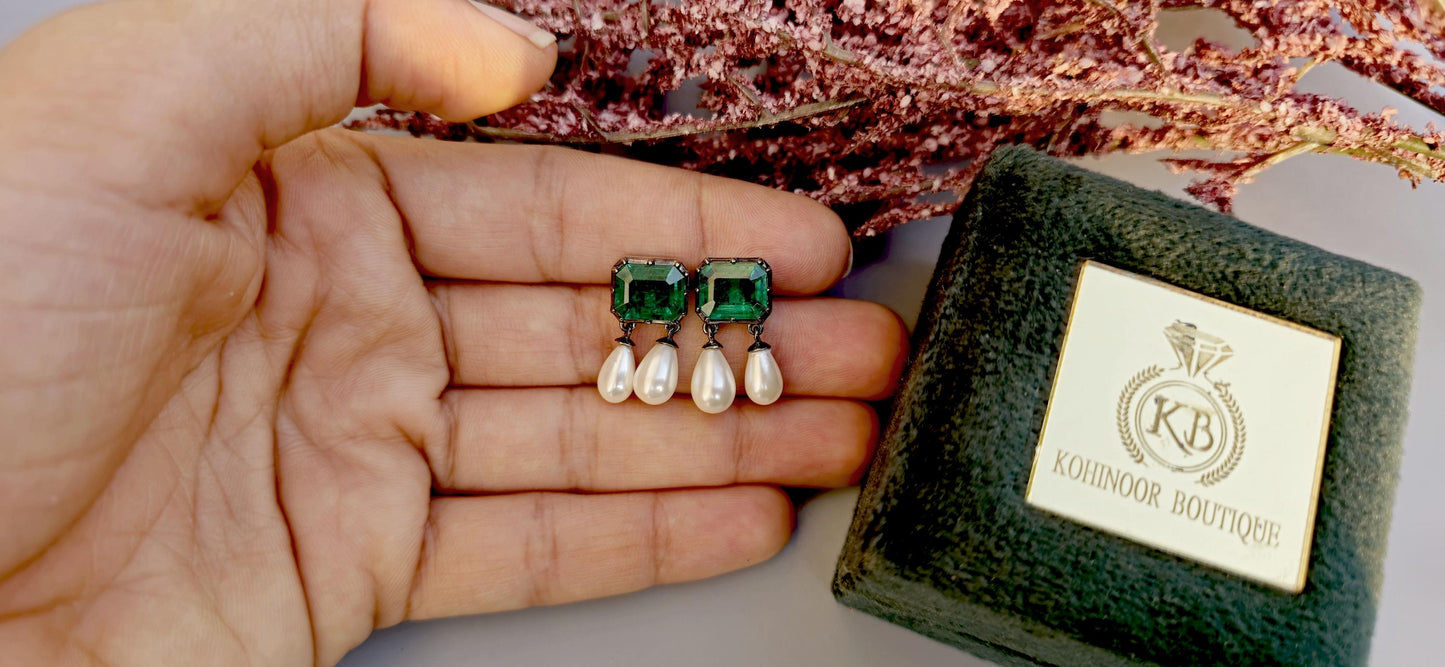 Lab grown Emerald with inclusion Georgian cut down Emerald studs with dangling pearl, statement earring, blackened gold earrings.