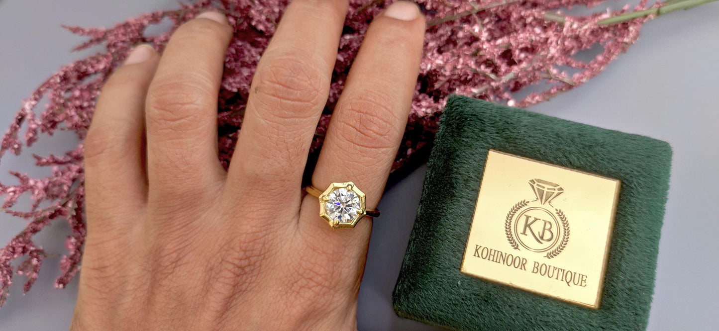 Round Moissanite Hexagon shaped bezel prong set Solitaire Engagement Ring with open gallery, ring for her, ring for women, statement ring.