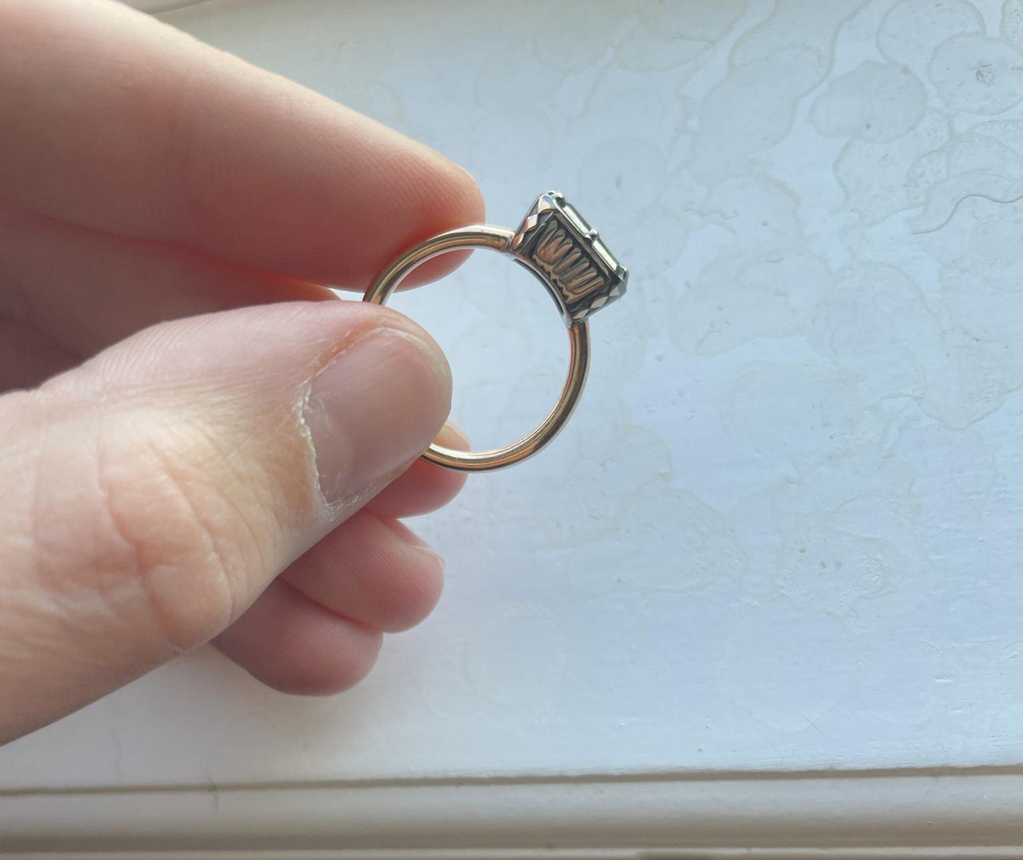 Green Radiant Cut Moissanite East West Georgian Style Bezel Set Solitaire ring, ring for women, Unique ring for her, statement ring