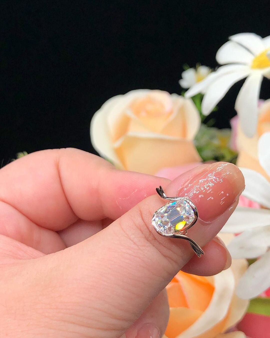 Old Mine Cut OMC Elongated Cushion Cut Moissanite Engagement Ring, Antique Half Bezel Set. Unique Solitaire proposal ring, ring for her.