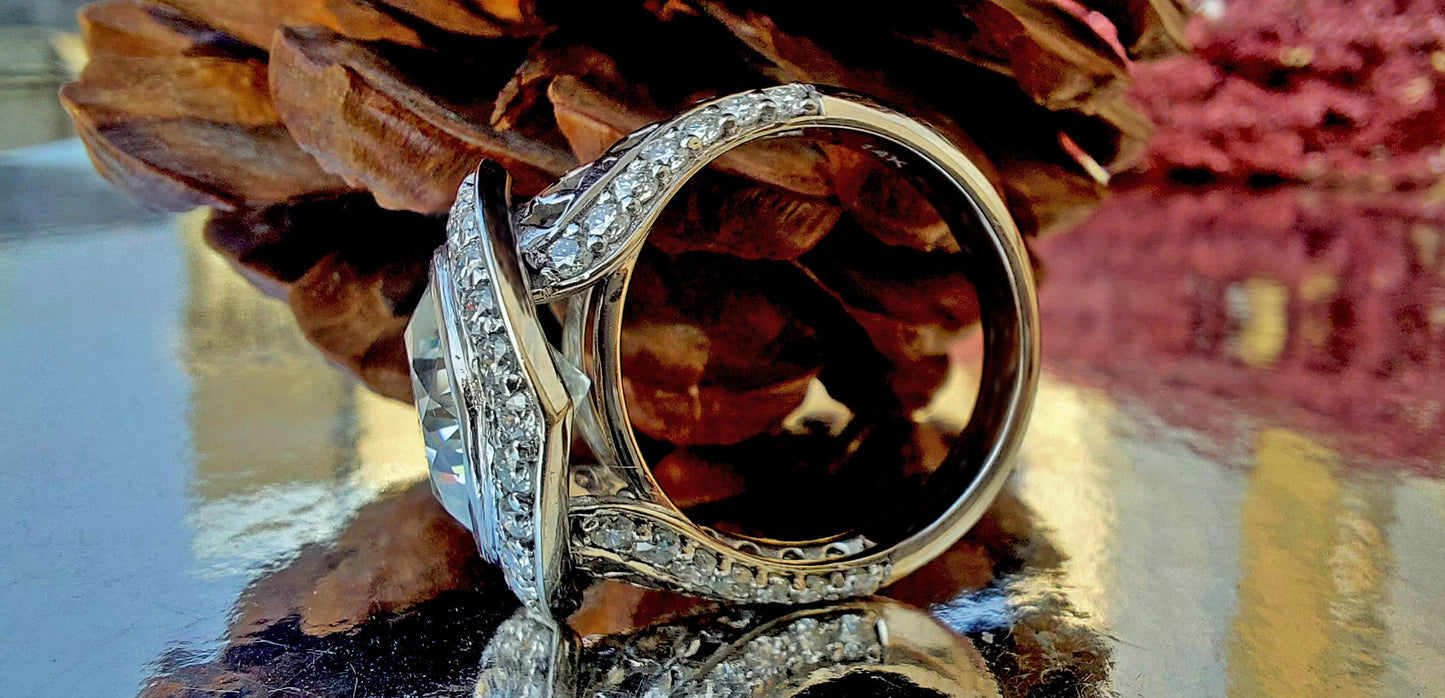 Kite set Cushion Cut Halo Moissanite ring with\without matching band, with side pave lattice band, Cathedral set engagement ring