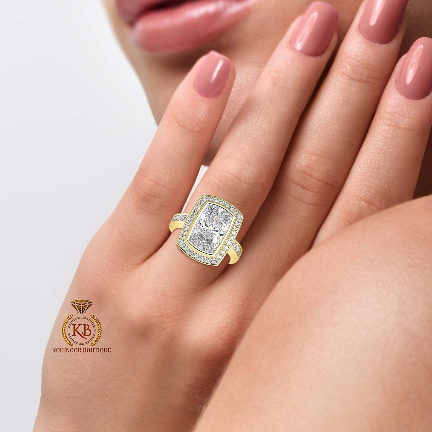 Unique Art Deco Elongated Princess Cut Halo with side pave Band Moissanite Engagement\Wedding\Mother Ring in 18k\14k\10k