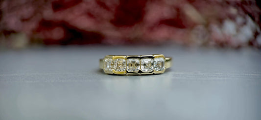 5 stone half bezel set cushion cut moissanite band, 5 stone anniversary band, 5 stone ring, ring for women, ring for her, gift for wife