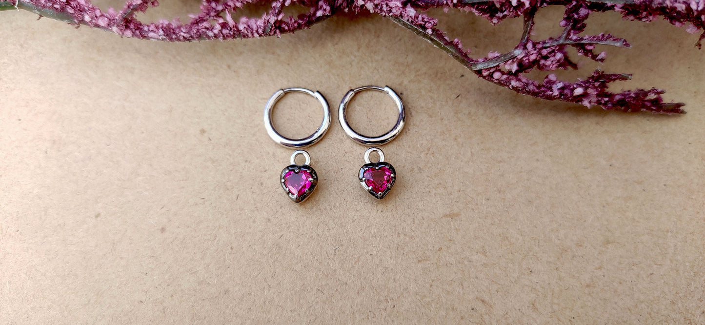 Heart Shaped Ruby button back Georgian cut down Gypset, Lab Ruby Hoops, statement earring, blackened gold earrings.