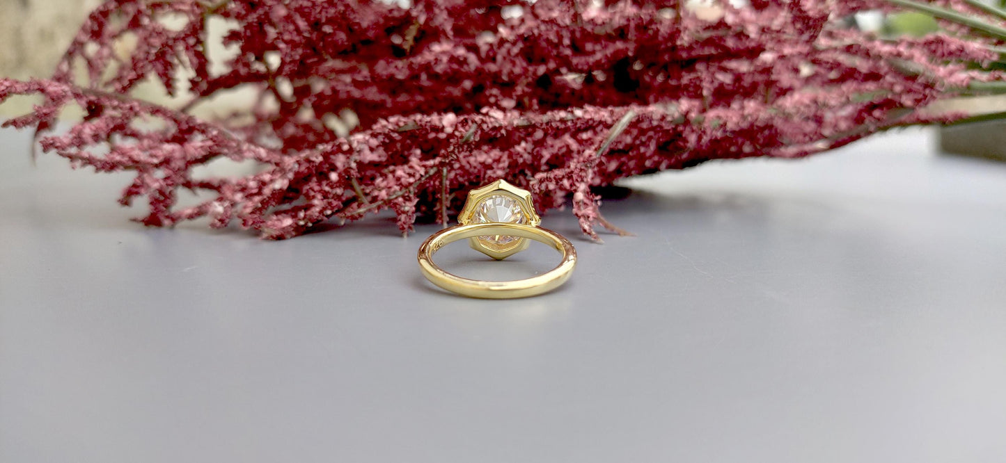 Round Moissanite Hexagon shaped bezel prong set Solitaire Engagement Ring with open gallery, ring for her, ring for women, statement ring.