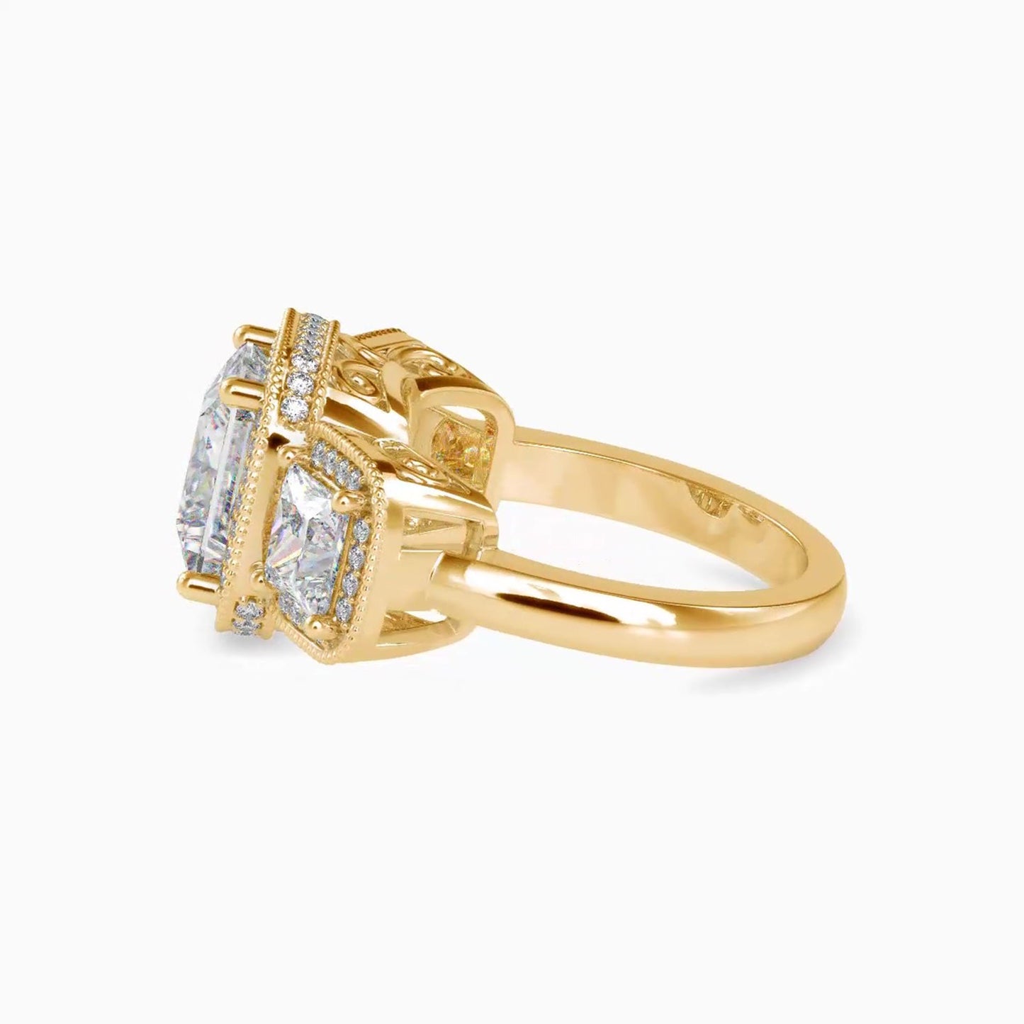 Vintage-inspired Princess cut Moissanite milgrain bezel set Halo with under halo 3 stone Moissanite Engagement ring.