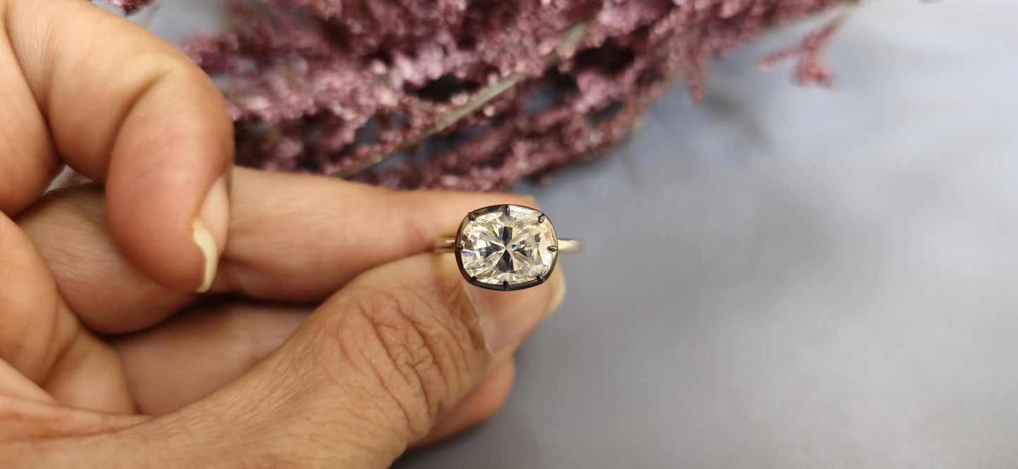East West set Elongated Cushion Cut Moissanite Georgian cut down button back solitaire engagement ring, ring for her, ring for women
