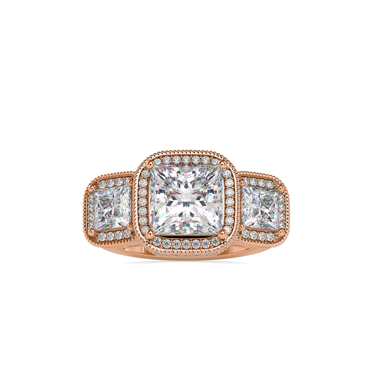 Vintage-inspired Princess cut Moissanite milgrain bezel set Halo with under halo 3 stone Moissanite Engagement ring.