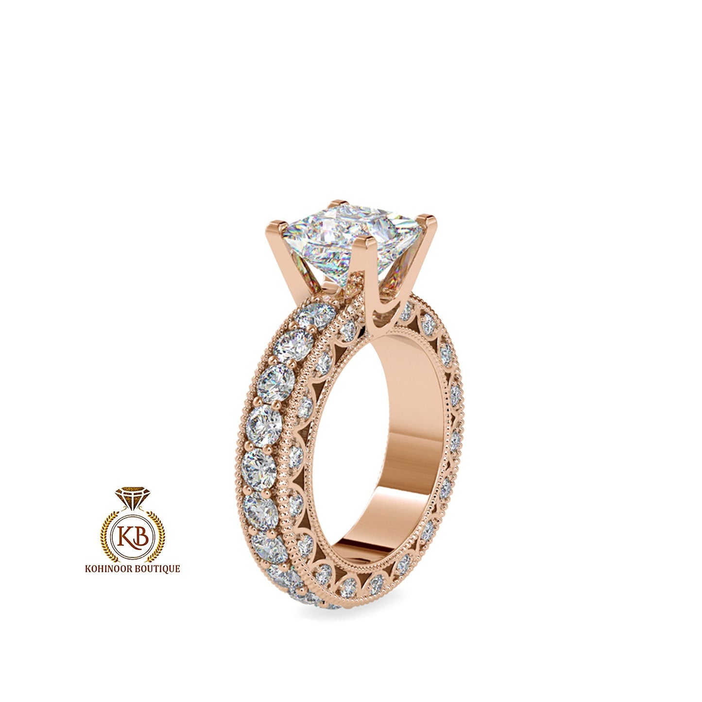 Vintage Princess Cut Moissanite Solitaire Engagement ring with side scallop 3 side pave Band, milgrain detail on band, art deco ring