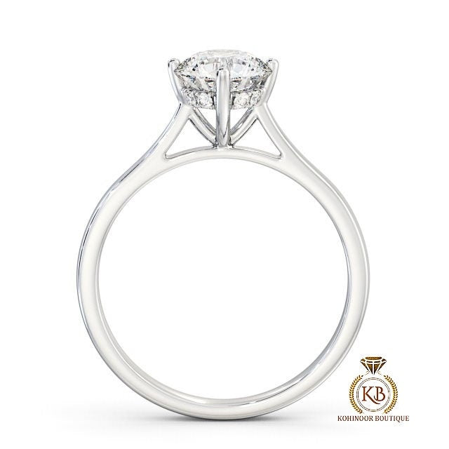 Compass prong set Round Cut Hidden Halo Cathedral set Solitaire Moissanite Engagement ring, ring for her, proposal ring, gift for women