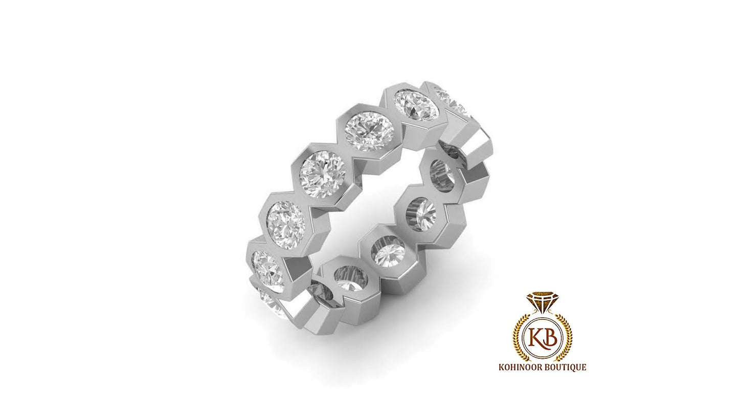 Half\Full Eternity, Hexagonal set Round Moissanite bold statement Ring, Wedding Band in 18k\14k\10k and White\Yellow\Rose Gold