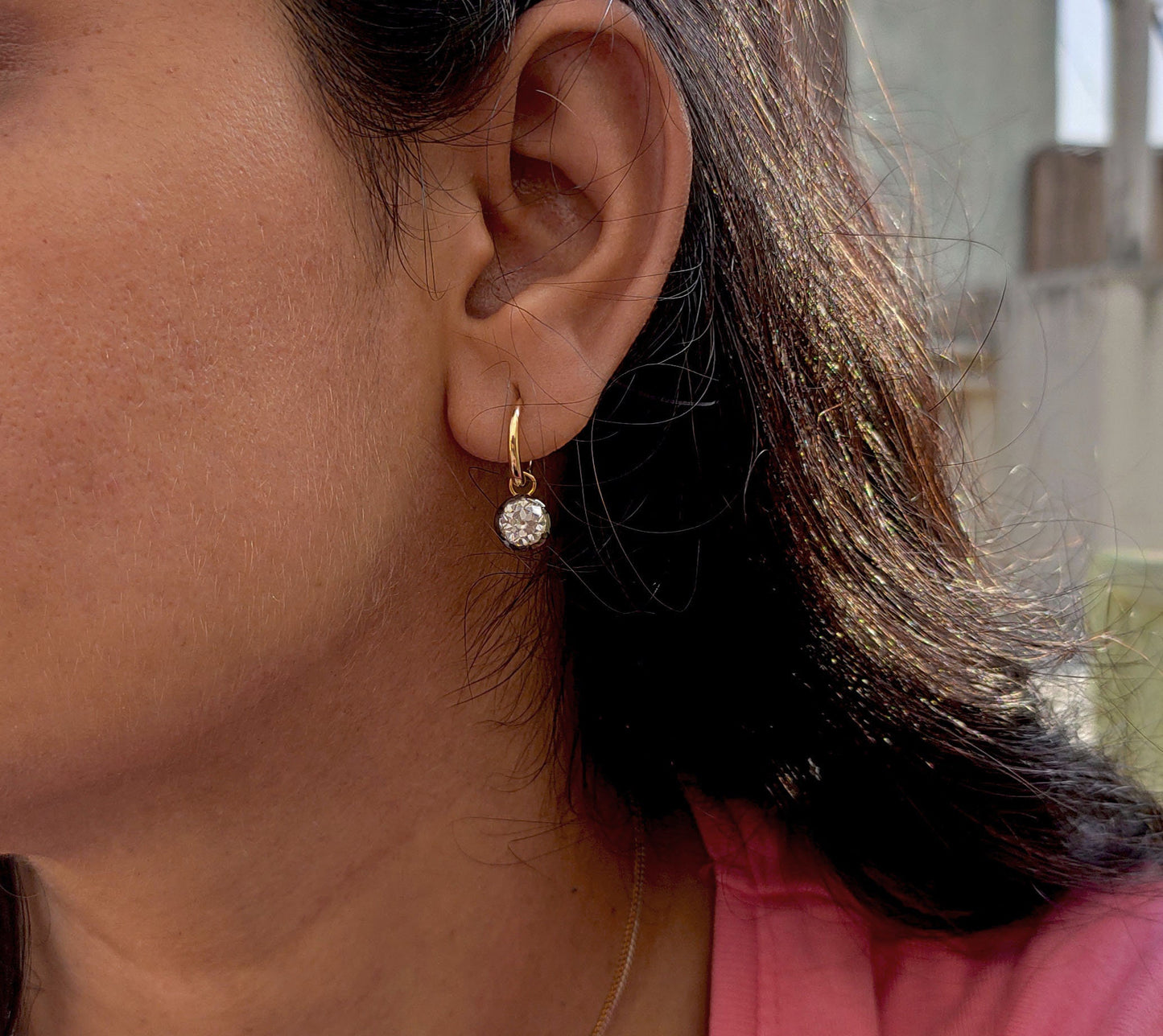 Old European Cut OEC Round Moissanite button back Georgian cut down Gypset, statement earring, blackened gold earrings.