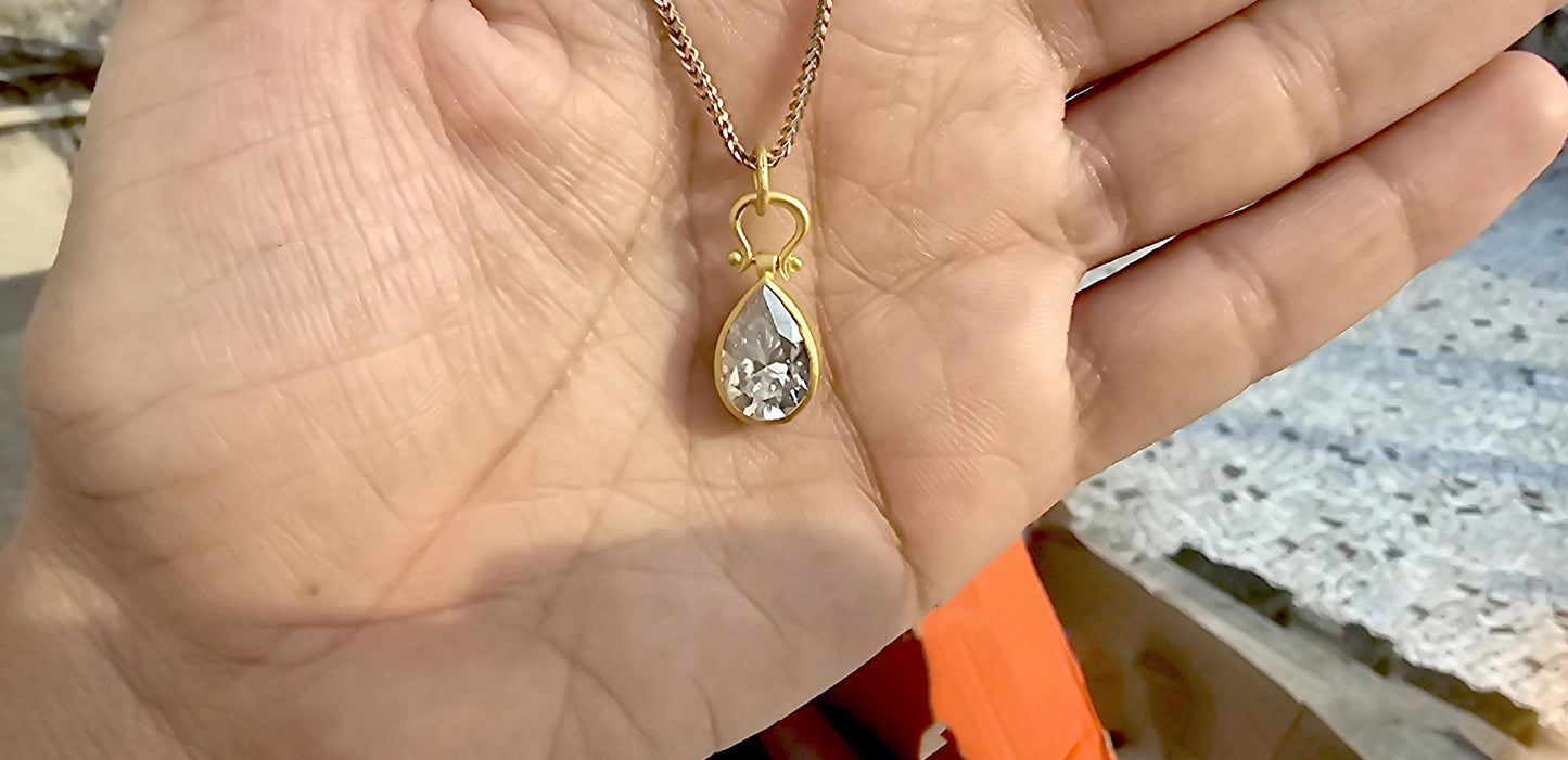 Bezel set moissanite Pear button back personalized pendant without chain in silver with matt gold polish, Pendant for women