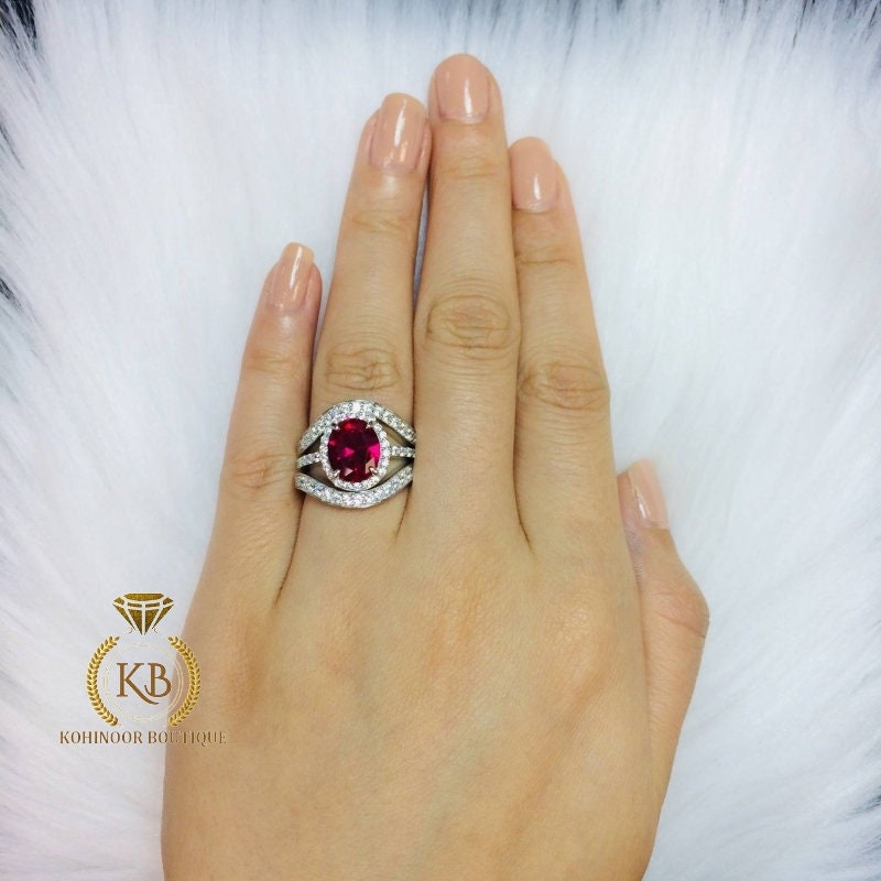 Lab grown Oval Rose Cut Ruby & Round Moissanite halo with side pave Engagement Ring, Rings for women.