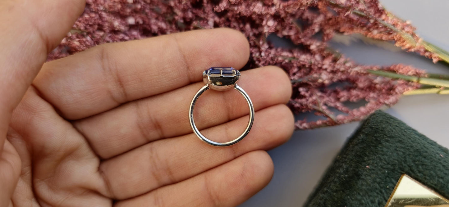 East West  set Corn flower Blue sapphire emerald Cut Georgian cut down button back solitaire engagement ring, ring for her, ring for women