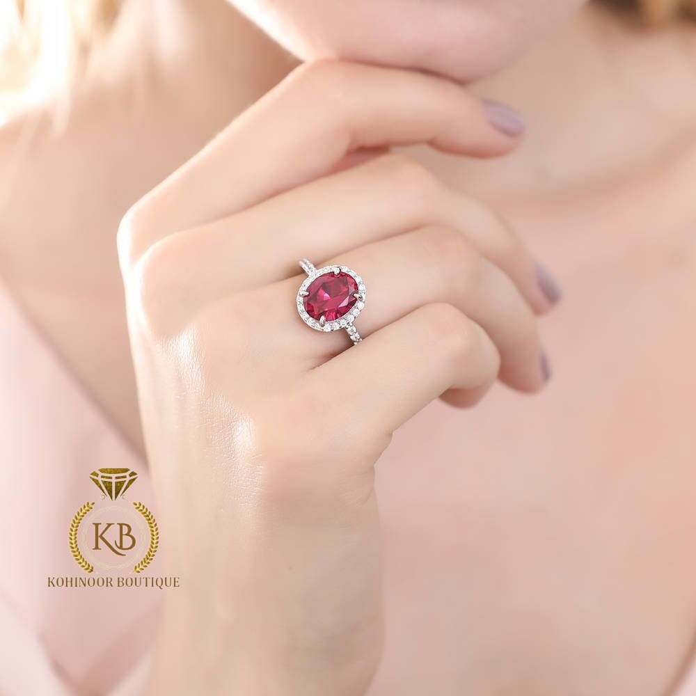 Lab grown Oval Rose Cut Ruby & Round Moissanite halo with side pave Engagement Ring, Rings for women.