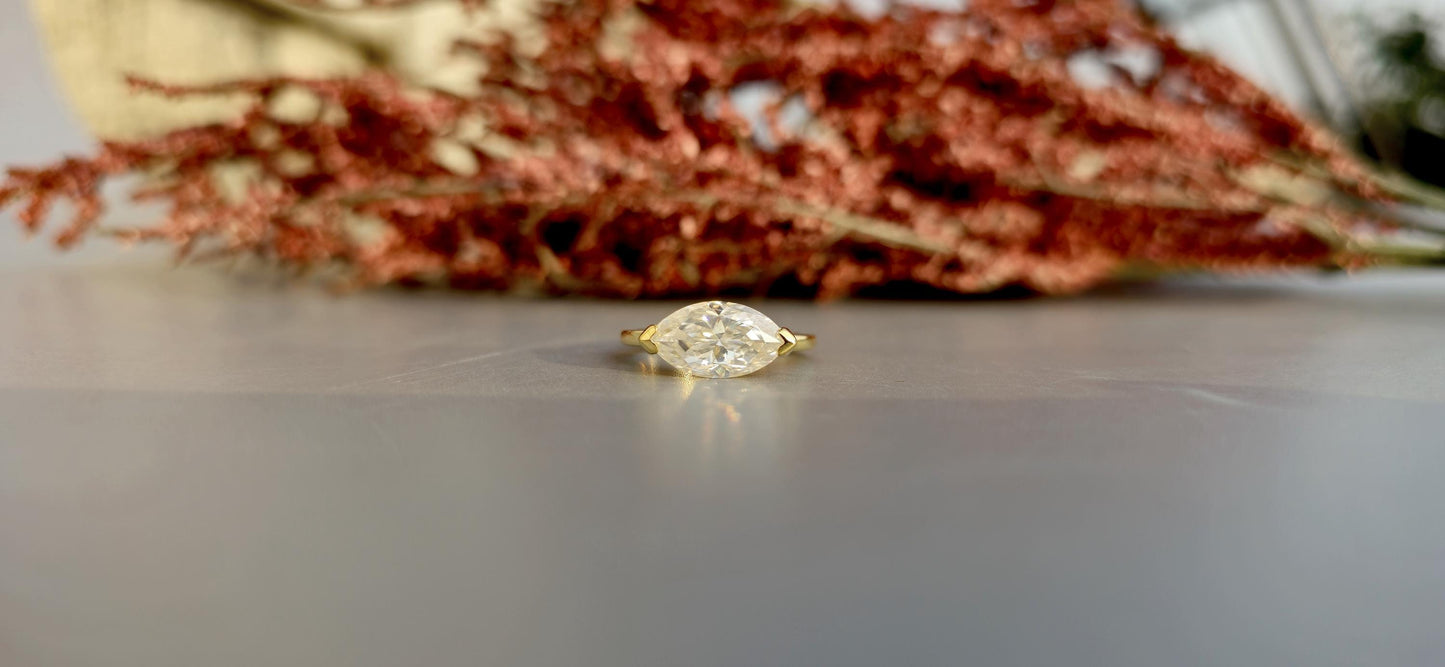 East West Bezel Set Marquise Moissanite Solitaire Engagement Ring, Rings for women, Low profile ring, statement art deco ring, ring for her.