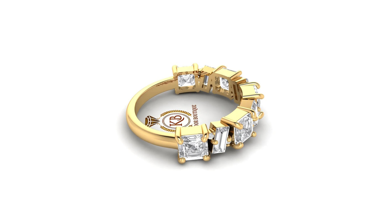Asscher Baguette and Round Cut Multistone Moissanite Half\Full Eternity minimalist Bridal stackable wedding band in White\Yellow\Rose Gold