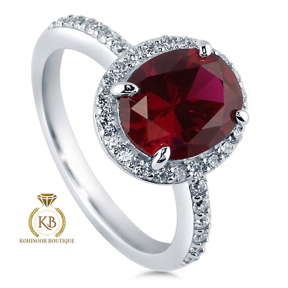 Lab grown Oval Rose Cut Ruby & Round Moissanite halo with side pave Engagement Ring, Rings for women.