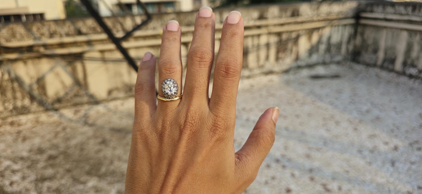 Floating Old mine cut Oval Halo set Georgian Moissanite Solitaire Engagement ring, Ring for her, right hand ring, Vintage Pave basket ring