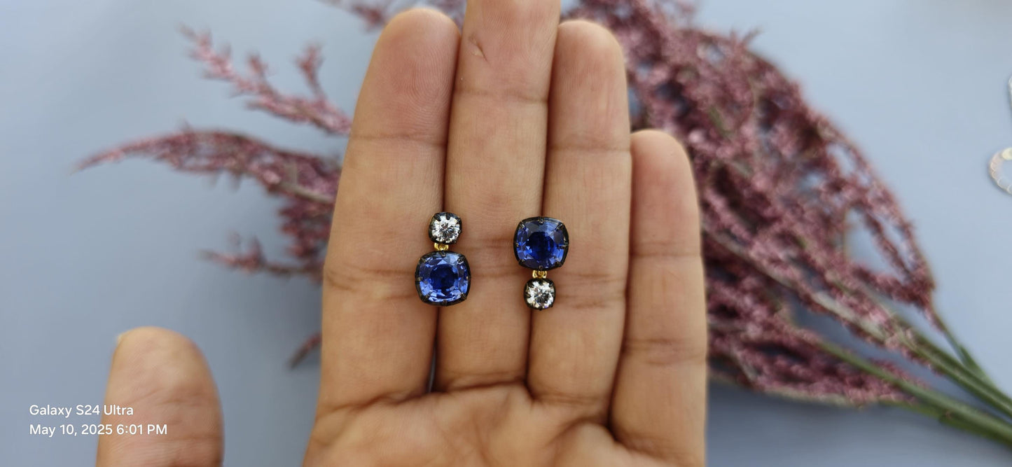 Georgian cut down button back set cushion moissanite and lab grown sapphire earrings, Asymmetrical earrings