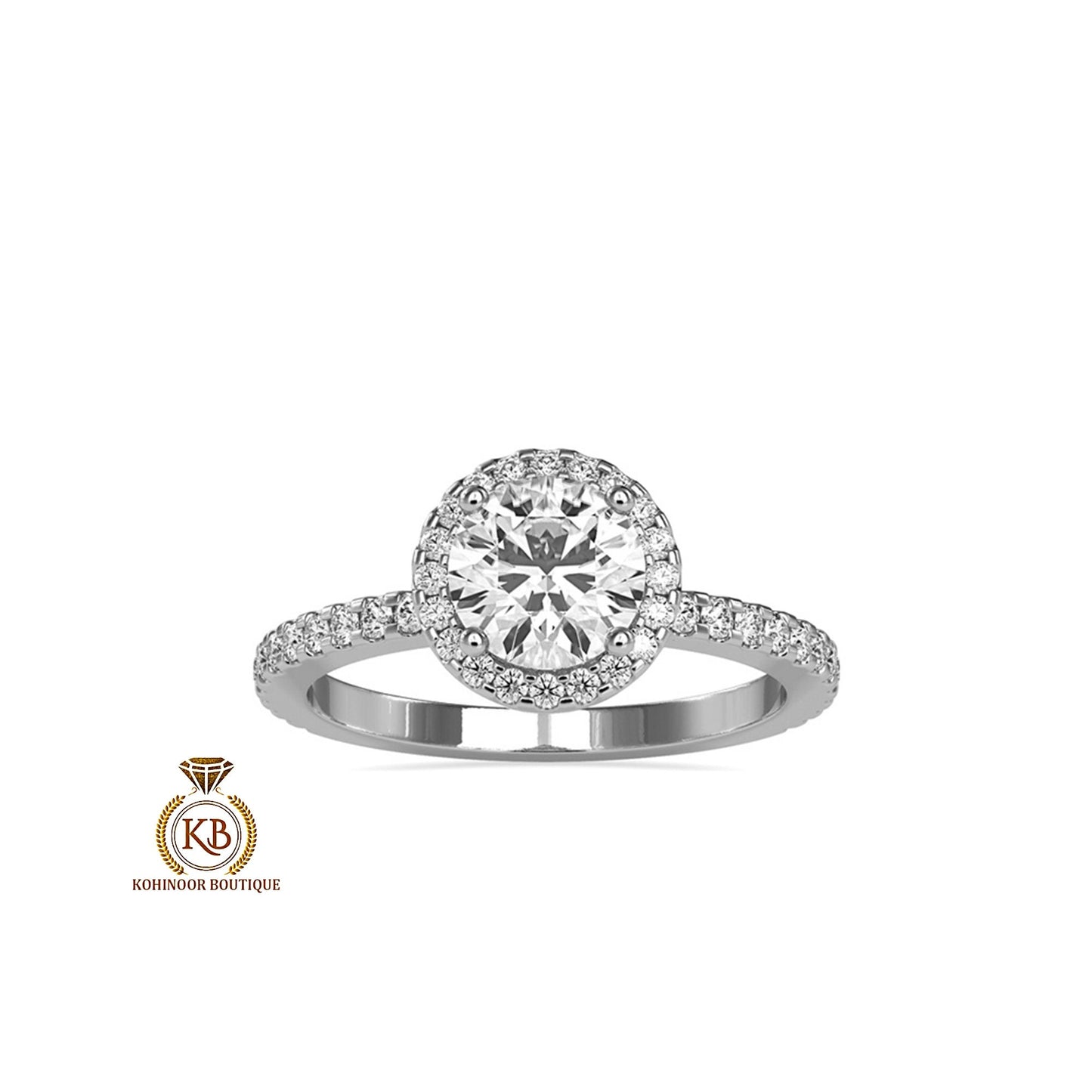 Round Cut Moissanite Double Halo with Under Halo, side U cut pave band with pave basket Engagement ring.
