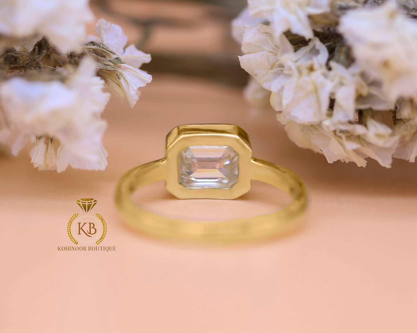 East West Bezel Set Emerald Moissanite Solitaire Engagement Ring, Ring for her, Gift for her, Gift for wife, Promise proposal ring.