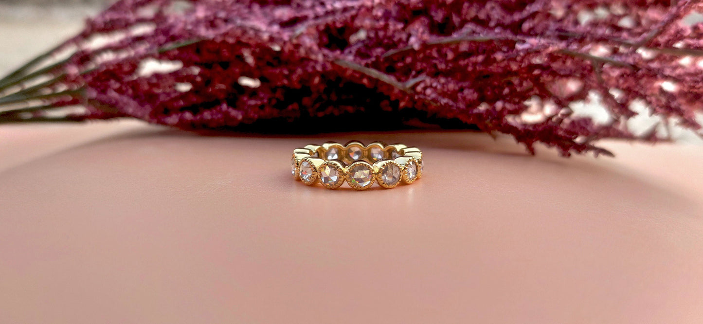 Vintage Rose Cut Round Moissanite Milgrain bezel set Full\Half Eternity wedding band, stackable Vintage ring, Art deco wedding band