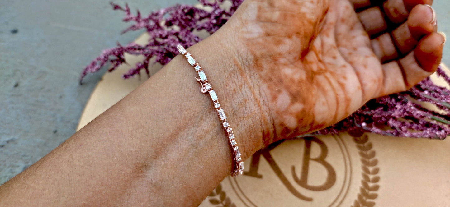 Ready to ship Moissanite Baguette & Round Tennis Bracelet in 7 inch size and in 10k rose gold, Birthday Gift for girls\women